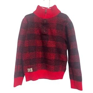 Polo Ralph Lauren Red Buffalo Check Plaid Wool 1/4 Zip Sweater‎ Boys M 10 12